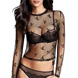 Mesh Sheer Tops Women Sheer Mesh Tops Long Sleeve Damen Netzoberteil Spitzen Blumenstickerei, Netzshirt Damen Durchsichtige T-Shirt Mit verstellbarem Kordelzug Halloween Party