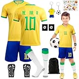 Fußball Trikot Set für Kinder, Nr.7/Nr.10 Fußballtrikot Jungen Fussball Trainingsanzug T-Shirt Shorts Socken Set mit Schienbeinschoner Schlüsselanhänger Temporäre Tattoos Football Jersey O