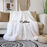 ARKEY Zotteldecke aus Kunstfell, weich, lang, warm, elegant, gemütlich, flauschig, als Tagesdecke geeignet, Fleece, weiß, 160 x 200