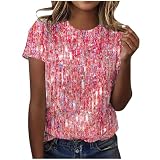 Damen-T-Shirt mit kurzen Ärmeln und Pailletten-Aufdruck, modisches Rundhals-Freizeit-T-Shirt Gelbes Hemd (Pink, XXL)