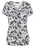 DJT Damen Sommer V-Ausschnitt mit Knopf Deko Kurzarm Stretch Tuniken Casual Basic T-Shirts Oberteile Locker Falten Tops Weiß-Braun Blume M