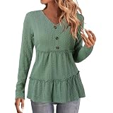Generisch Einfaches Schwarzes T-Shirt LäSsiges Damen Oberteil Mit V-Ausschnitt Langen ÄRmeln Gestricktes Rüschenhemd Tunika Mit SchößChen Design Für Winter 2023 Mode T-Shirts Für Damen (Green, L)