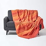 Homescapes große Tagesdecke Morocco, orange, Sofa-Überwurf aus 100% Baumwolle, weiche Wohndecke 225 x 255 cm, orange-Terracotta gestreift, mit F