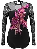ODASDO Damen Eiskunstlauf-Trikot, glitzernd, durchscheinendes Netzgewebe, langärmelig, Blumenapplikation, Einteiler, Tanzkleidung, Knallpink (Hot Pink), S