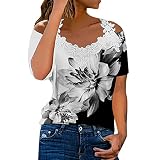 Damen Top Flügelärmel Tops Rundhals Oberteil Spitzentop Elegant Shirts mit Sp