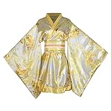Sexy kurzes Kimono-Kleid, Kostüm, japanisches Geisha Yukata, Blumendruck, Kleid, Obi-Gürtel-Set, Halloween-Party, Cosplay, Party-Outfit (59# Gelb, Einheitsgröße)