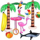 Evance 14 Stücke Aufblasbare Palmen Flamingo Spielzeug Aufblasbare Bananenstrandbälle Fliegen Papagei Hai mit Ringwurfspiel Aufblasbare Flamingo Wurfspiel Pool Spielzeug (14 PCS)
