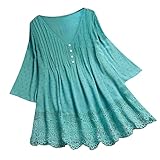 Festliche Blusen, Leinenbluse Damen Sommer Spitze Lang Tops Tunika 3/4 Arm V-Ausschnitt Longbluse Lose Longshirt Oberteile GroßE GrößEn Oversize Leinen Ob