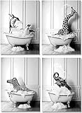 ERTLKP 4 Stück Badezimmer Bilder Giraffe in der Badewanne Poster Schwarz Weiß Wand Kunst,Lustige-Tierbild Giraffe Elefant Zebra Pinguine Badewanne Leinwand Malerei Wohnkultur,Ohne Rahmen (30x40