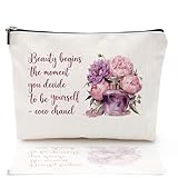 Coco Chanel Make-up-Tasche mit Zitaten für Mädchen, modische Parfüm-Blume, Schönheit beginnt in dem Moment, in dem Sie Sich entscheiden, selbst zu Sein, wasserdichte Kosmetiktasche aus Leinen,