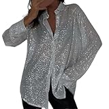SRZYMJ Damen Pailletten Bluse Elegant Button Down Glitzer Langarmshirt Sexy V-Ausschnitt Pailletten Oberteil Party Cocktail Hemd (Silber XL)