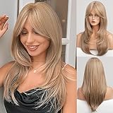 HAIRCUBE Lange Blasse Asche Blonde Perücke Erweiterte hierarchische Frisur Synthetische Haar Perücken für Frauen mit Highlig