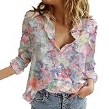 Blumendruck, Button-Down-Langarmshirt für Damen, lässig, floraler V-Ausschnitt, grafische Blusen, Tops, Leinenhemd, rot, S