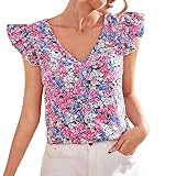 Damen-T-Shirt, Top, Sonne, Pailletten, Blume, geteilt, Rundhalsausschnitt, Übergröße, formell, doppelt gefüttert, V-Ausschnitt, Cruise, elegant, Club, Western, violett, L