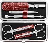 ZWILLING Maniküreset (5 Teilig, für Pflege der Finger- und Fußnägel, Echt Leder Etui mit Metallrahmen), Edelstahl Poliert, Kroko Edition, R