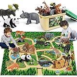 FRUSE Tiere Figuren Spielzeug mit 145x98cm Aktivität Spielmatte,12 Stück Realistische Tierfiguren mit Löwe,Tiger,Elefant,Safari Tiere Figuren Lernspielzeug Geschenke für Kinder Jungen M