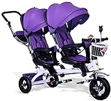Vier-in-eins-Twin-Dreirad für Kinder, Zweisitzer-Pedalfahrrad, Kinderwagen mit Sonnenschutz, in Zwei Richtungen drehbarer Sitz/Abnehmbarer hinterer Schiebegriff/einziehb
