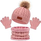 3 in1 Kinder Wintermütze Schal Handschuhe Set, Mädchen Winter Beanie Hut , Strickmütze Set, Beanie Runder Set für 2-7 J