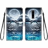 KARTXITAI Hülle Kompatibel mit Oneplus 7 PRO,Leder Handyhülle mit Kartenfach Geld Slot Ständer PU Ledertasche Wallet Flip Magnetische Muster Schutzhülle-Delfine,Meer Mond,H
