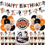 BMX Geburtstag Dekorationen für Jungen - Fahrrad Happy Birthday Banner Cake Topper Dirt Bike Cupcake Topper für Extremsport Thema Geburtstag Party Supplies Orange und Schw