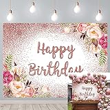 Rotgoldener Geburtstags-Hintergrund,rosafarbenes Blumenmuster,Roségold,Glitzer,Fotografie-Hintergrund,süße Mädchen,Frauen,Happy Birthday Party, Kuchen Tisch schmücken,2.1, x 1,5