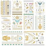 Gold Temporäre Tattoos zum Aufkleben 8 Blätter Musik Festival Flash Golds Temporäre Tattoos für Frauen Accessoires Party Zubehör 3D Wasserdicht Tattoo Erwachsene Halloween (Gold)
