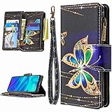 Miagon 9 Kartensteckplätzen Lederhülle für Huawei P40 Pro,Bunt Reißverschluss Flip Hülle Wallet Case Handyhülle PU Leder Tasche Schutzhülle,Diamant Schmetterling