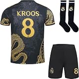 PraiseLight R. Madrid Toni Kroos #8 Kinder Trikot Fußball Spezielle Golddrachen-Edition Shorts Socken Set Jugendgrößen (Schwarz,28)